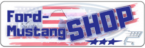 Ford Mustang Shop mit amerikanischer Flagge