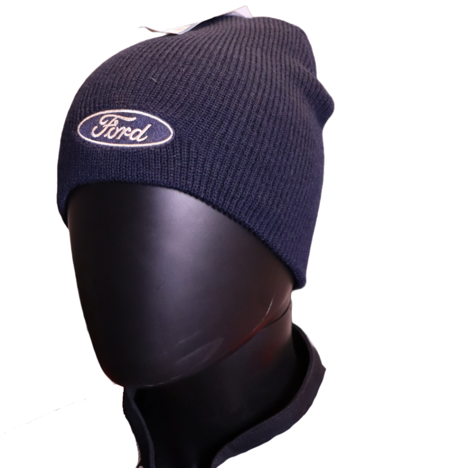 Ford Beanie - Navy Knit - FMS Onlineshop - Geschenke fuer US Car Fans Dunkelblauer Ford-Strickmütze auf Kopf