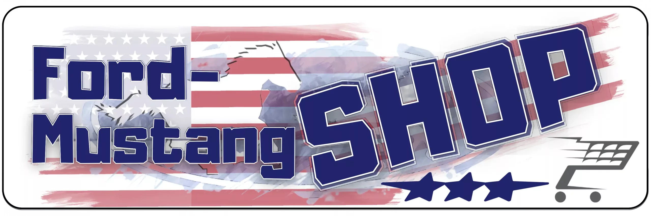 Ford Mustang Shop mit amerikanischer Flagge